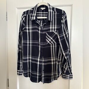 Women’s Navy and White Plaid Button-Up Shirt